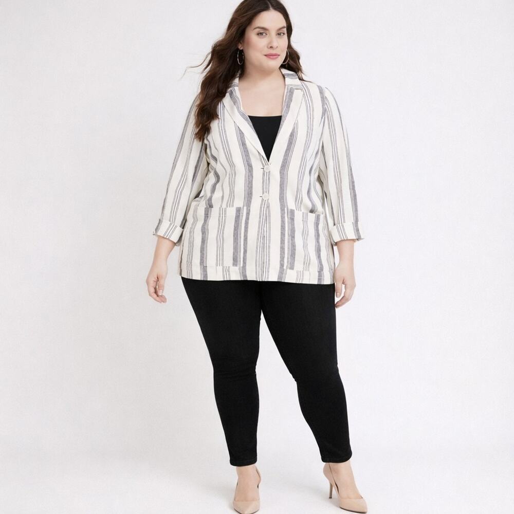 Plus Size Striped Linen Blend Blazer Jacket Neutral Black White Lightweight Open